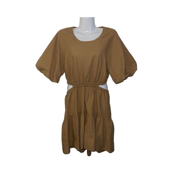 Madewell Seersucker Puff Sleeve Cutout Mini Dress Khaki Boho Size Small - Picture 1 of 8
